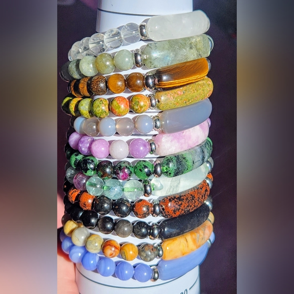 Genuine Crystal Beaded Bangle Stretch Bracelet Agate Quartz Obsidian Ruby Gem - Picture 4 of 10
